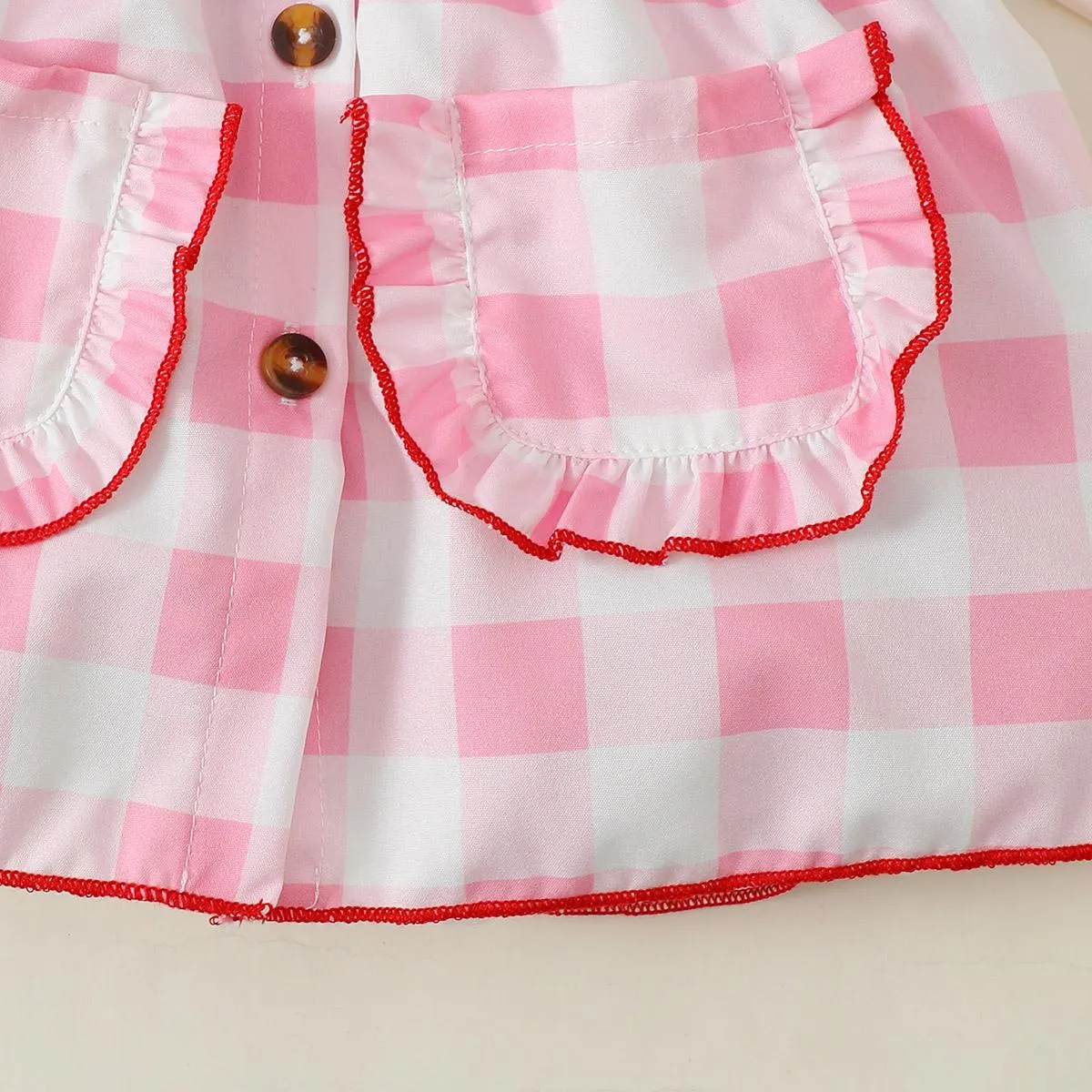 3-24M Ready Stock Baby Girls Dress Checker Print Doll Collar Bubble Sleeve Pocket Dress One Piece Sund Dress Pink Catpapa 312302013