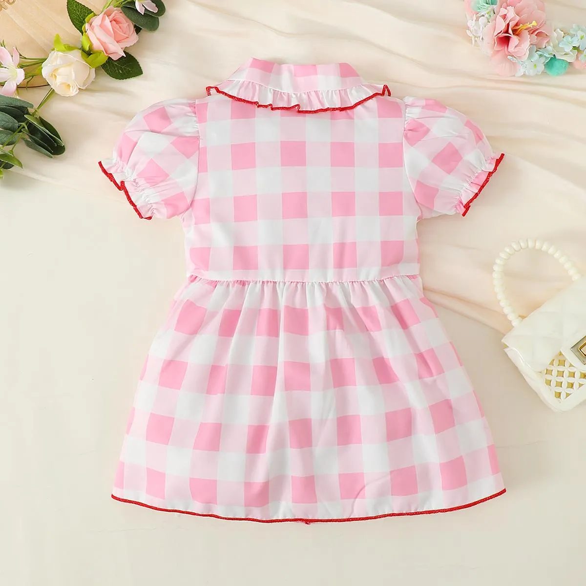 3-24M Ready Stock Baby Girls Dress Checker Print Doll Collar Bubble Sleeve Pocket Dress One Piece Sund Dress Pink Catpapa 312302013