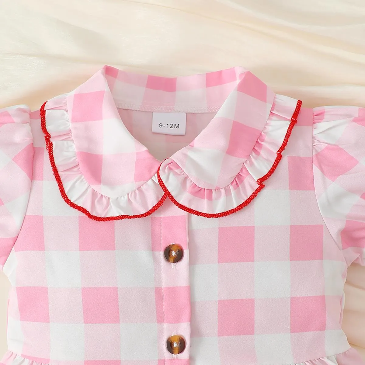 3-24M Ready Stock Baby Girls Dress Checker Print Doll Collar Bubble Sleeve Pocket Dress One Piece Sund Dress Pink Catpapa 312302013