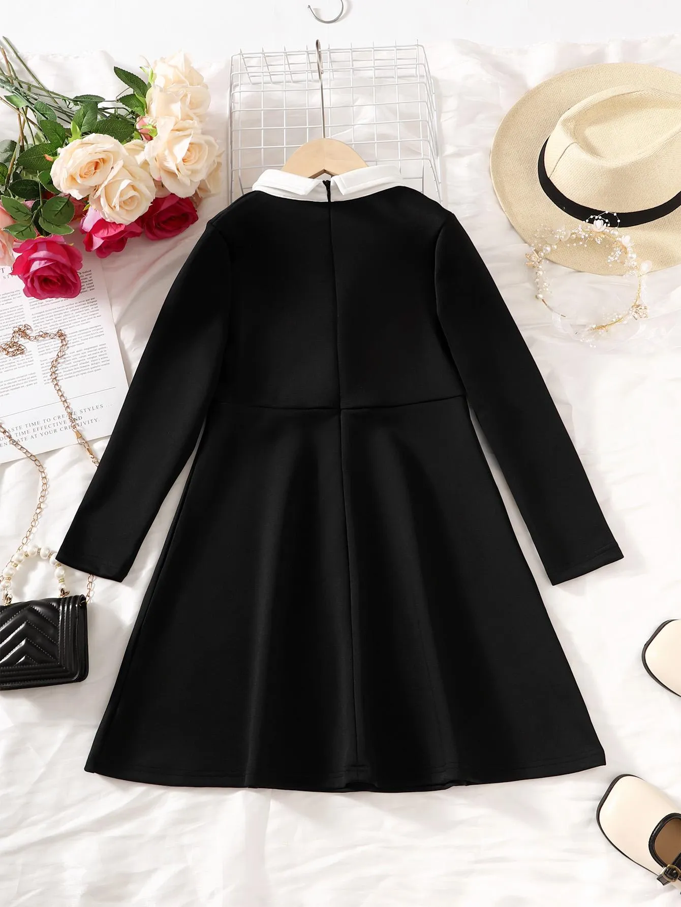 5-14Y Ready Stock Kids Clothes Girls Dress Solid Color Long Sleeve Turn-down Collar Leisure Dress One Piece Elegant Dress Black Catpapa 462305002