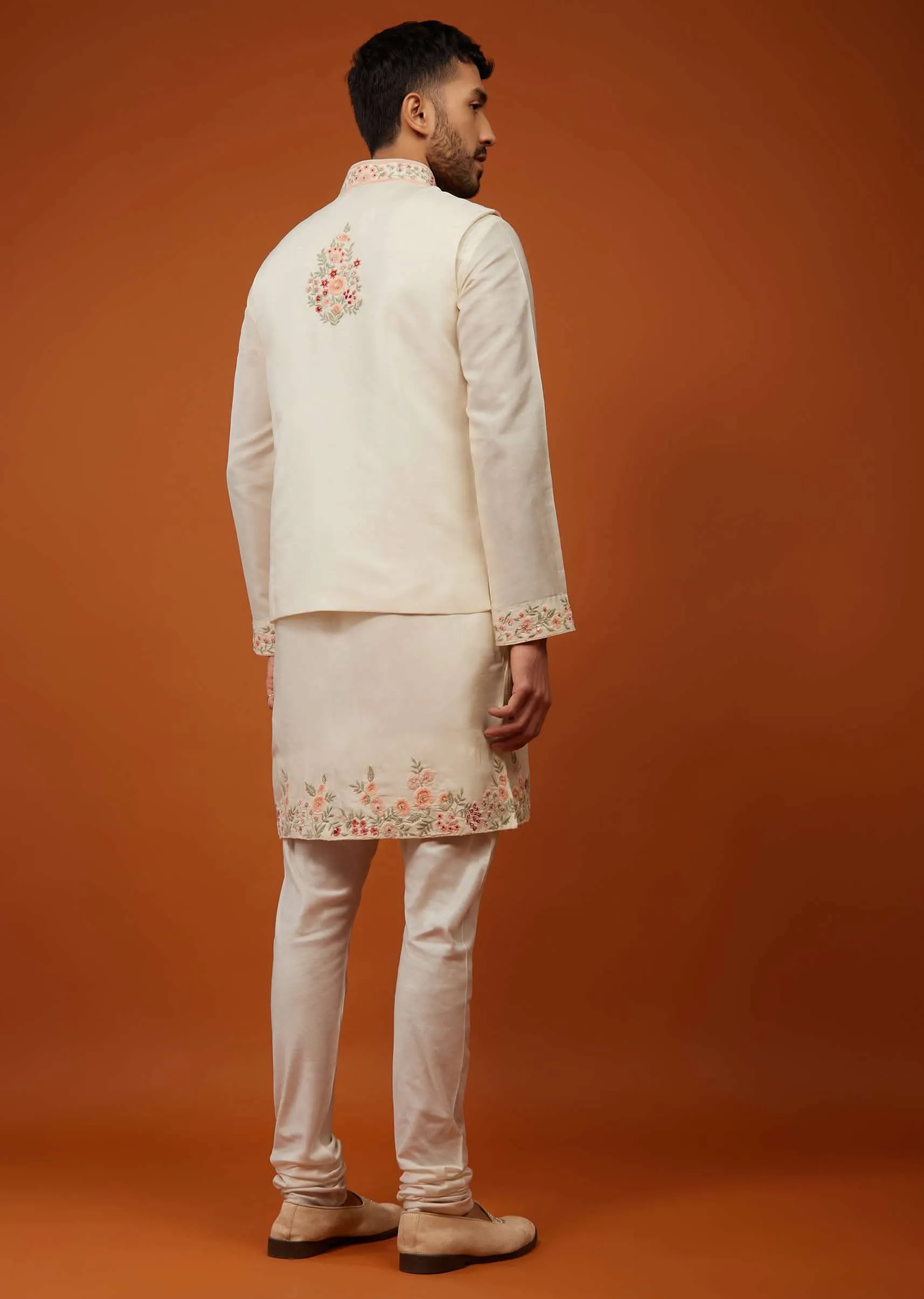 Beige White Bandi Jacket Set With Multicolour Embroidery In Cotton Silk
