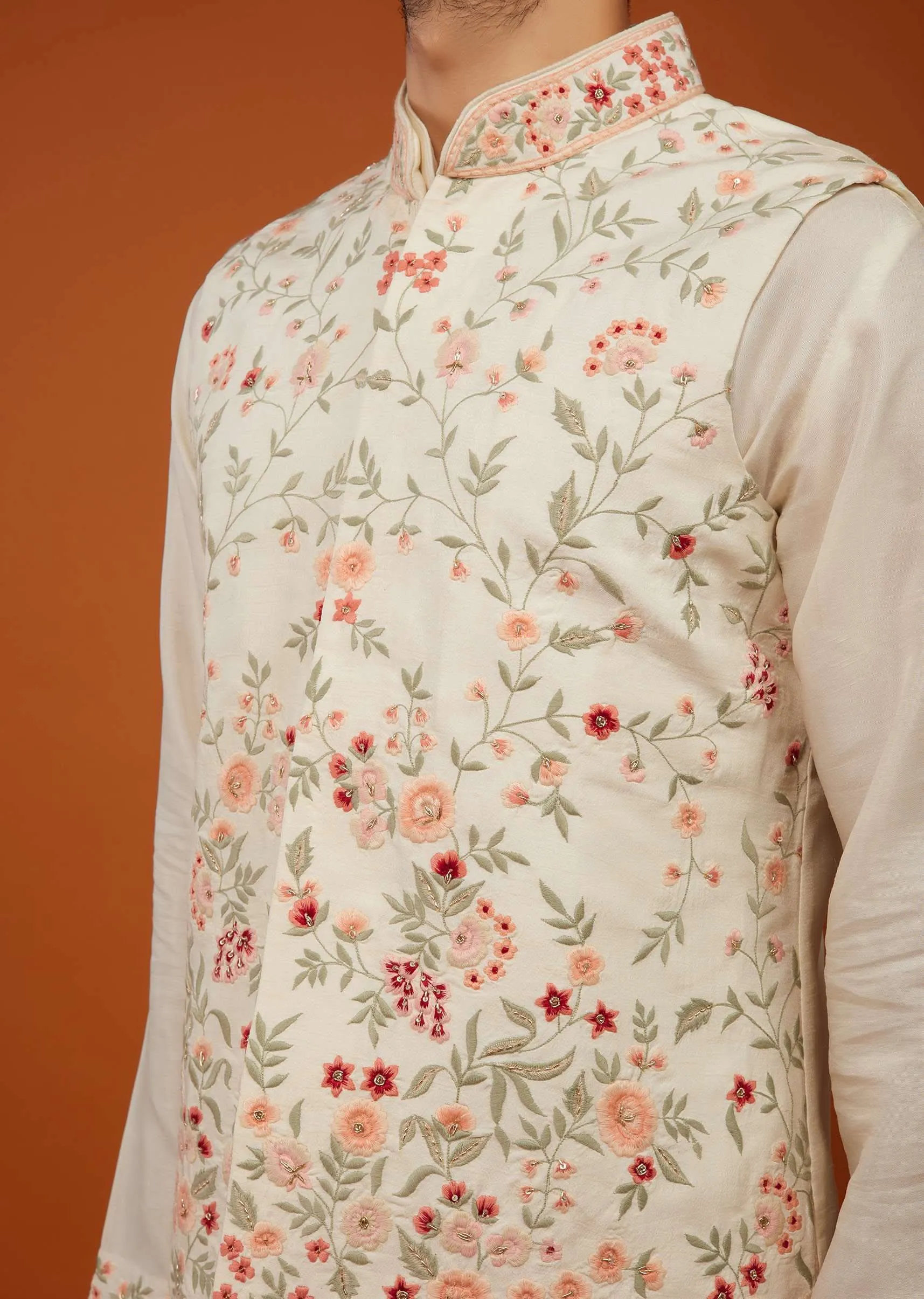 Beige White Bandi Jacket Set With Multicolour Embroidery In Cotton Silk