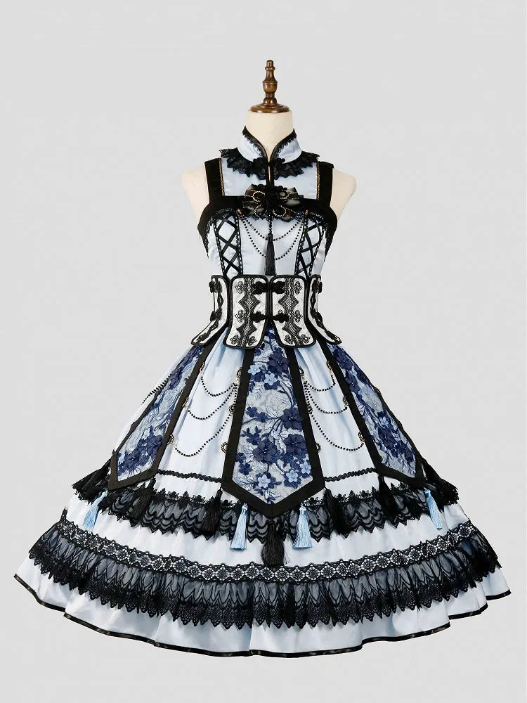 Blue and Black Elegant Cheongsam Collar Qipao Dress   Boned Corset Belt   Tassels Overlay Qi Lolita JSK Set