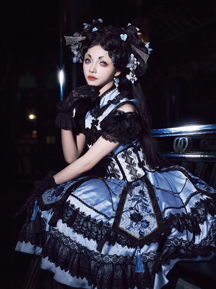 Blue and Black Elegant Cheongsam Collar Qipao Dress   Boned Corset Belt   Tassels Overlay Qi Lolita JSK Set