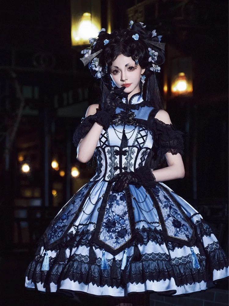 Blue and Black Elegant Cheongsam Collar Qipao Dress   Boned Corset Belt   Tassels Overlay Qi Lolita JSK Set