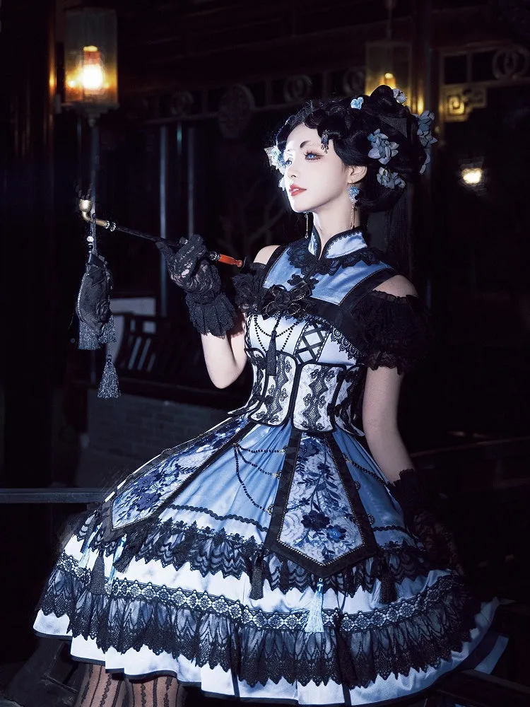 Blue and Black Elegant Cheongsam Collar Qipao Dress   Boned Corset Belt   Tassels Overlay Qi Lolita JSK Set