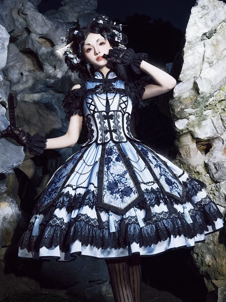 Blue and Black Elegant Cheongsam Collar Qipao Dress   Boned Corset Belt   Tassels Overlay Qi Lolita JSK Set