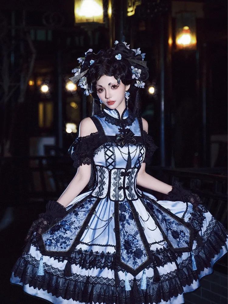 Blue and Black Elegant Cheongsam Collar Qipao Dress   Boned Corset Belt   Tassels Overlay Qi Lolita JSK Set