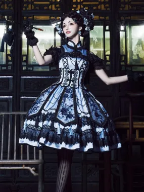 Blue and Black Elegant Cheongsam Collar Qipao Dress   Boned Corset Belt   Tassels Overlay Qi Lolita JSK Set