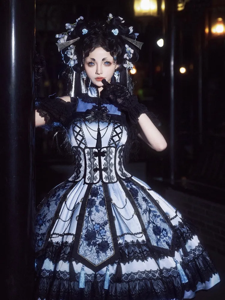 Blue and Black Elegant Cheongsam Collar Qipao Dress   Boned Corset Belt   Tassels Overlay Qi Lolita JSK Set