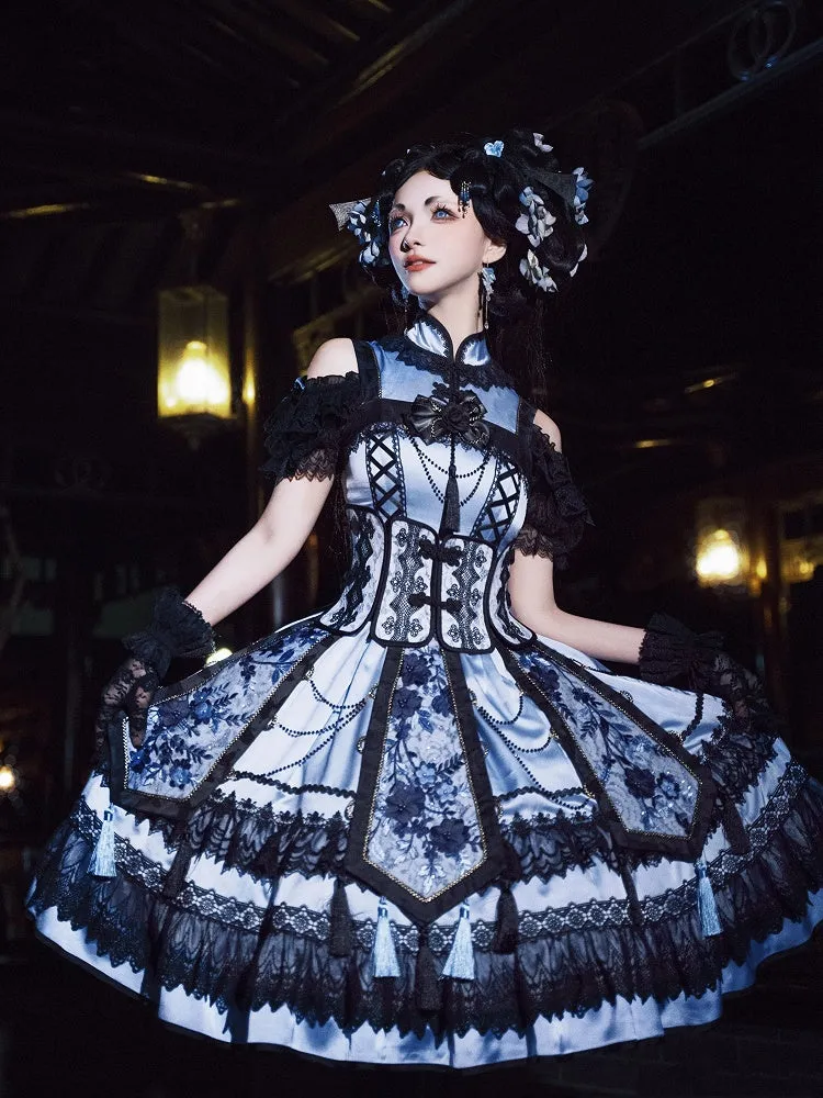 Blue and Black Elegant Cheongsam Collar Qipao Dress   Boned Corset Belt   Tassels Overlay Qi Lolita JSK Set