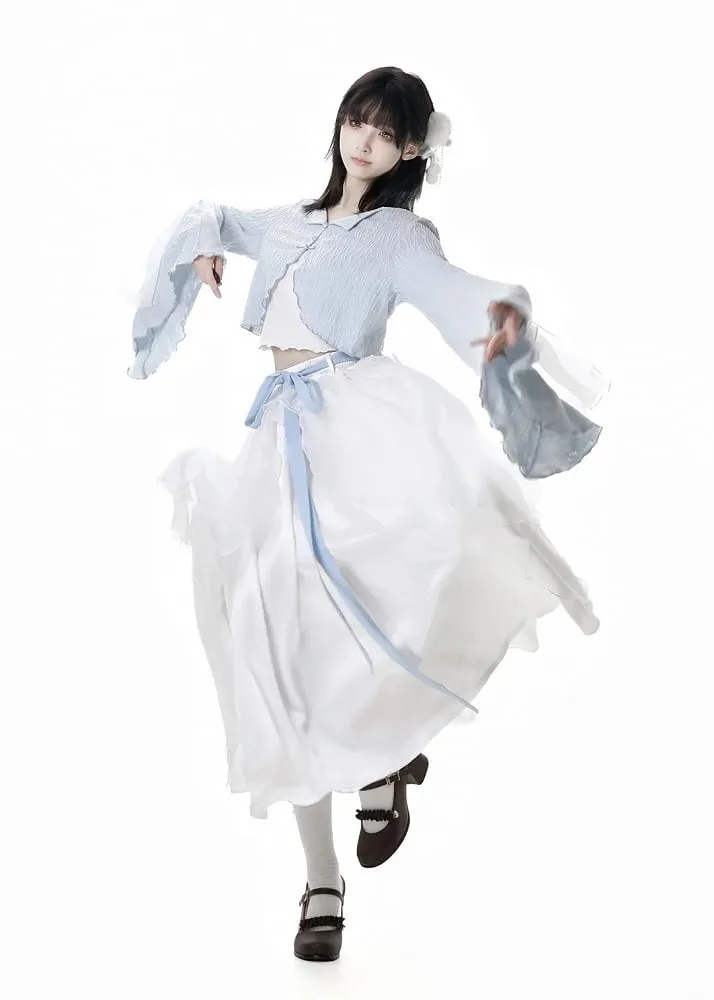 Free Top Knot Cheongsam Style Cropped Cami Buttons Bell Sleeves Blue Cardigan