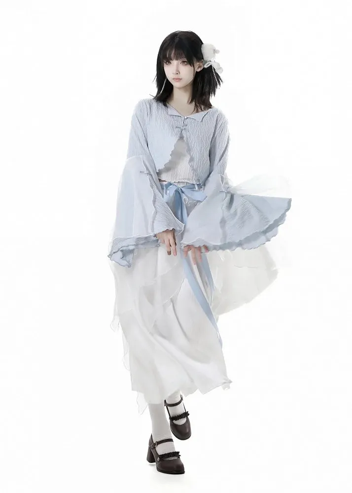 Free Top Knot Cheongsam Style Cropped Cami Buttons Bell Sleeves Blue Cardigan
