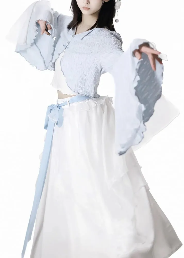 Free Top Knot Cheongsam Style Cropped Cami Buttons Bell Sleeves Blue Cardigan