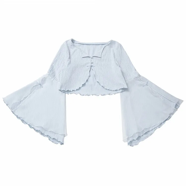 Free Top Knot Cheongsam Style Cropped Cami Buttons Bell Sleeves Blue Cardigan