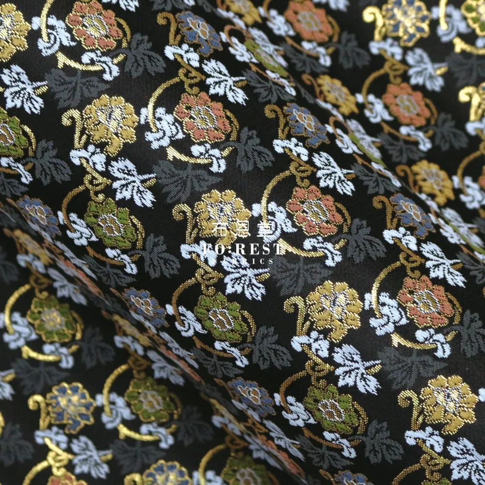 Gold Brocade - Art nouveau leaf fabric Black