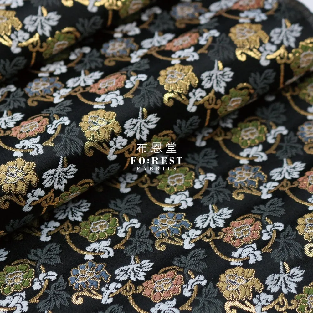 Gold Brocade - Art nouveau leaf fabric Black