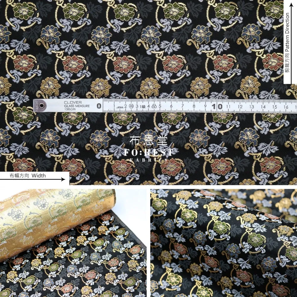 Gold Brocade - Art nouveau leaf fabric Black