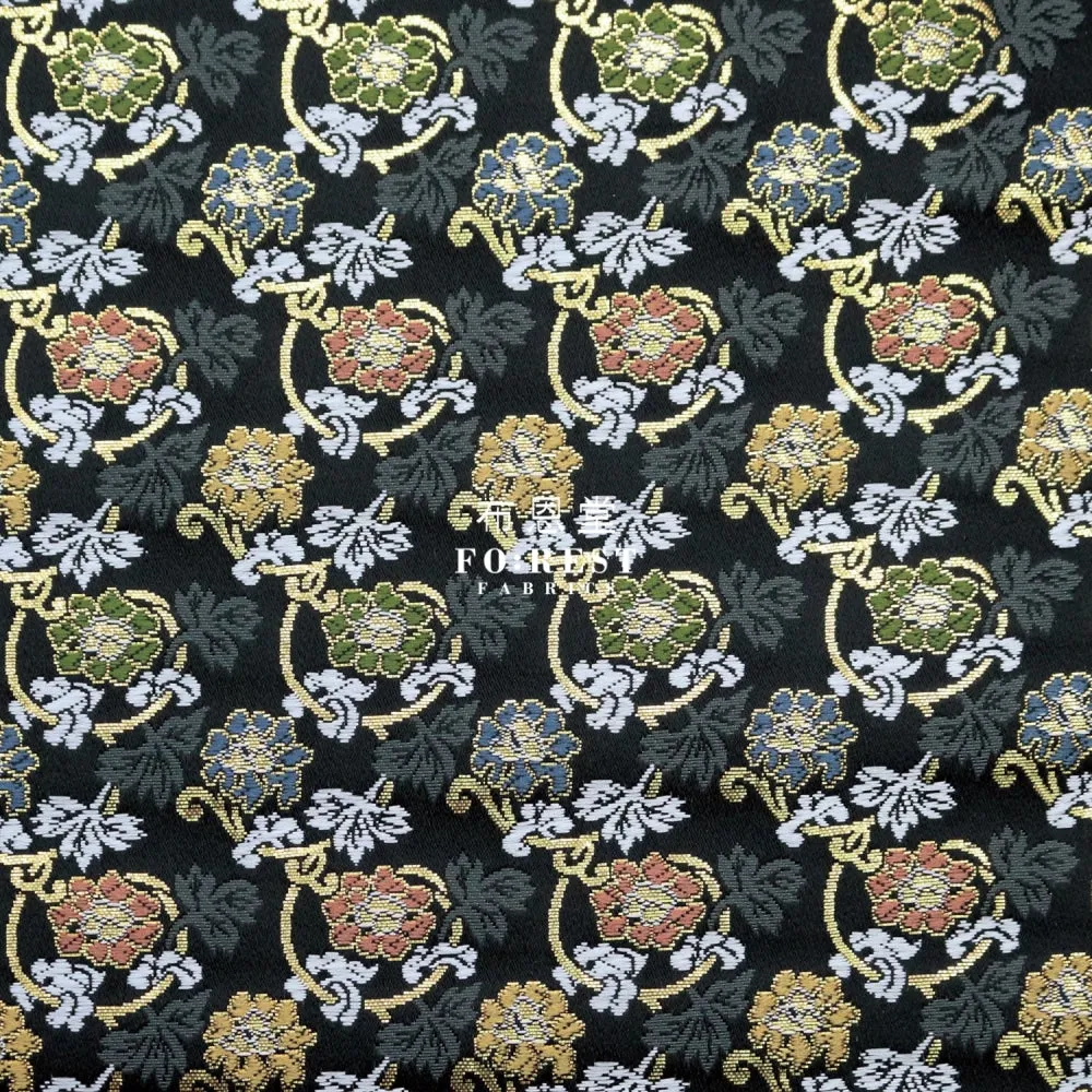Gold Brocade - Art nouveau leaf fabric Black