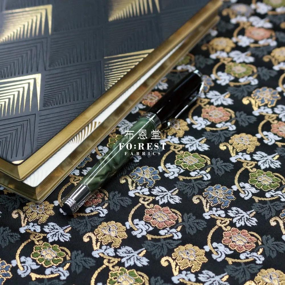 Gold Brocade - Art nouveau leaf fabric Black
