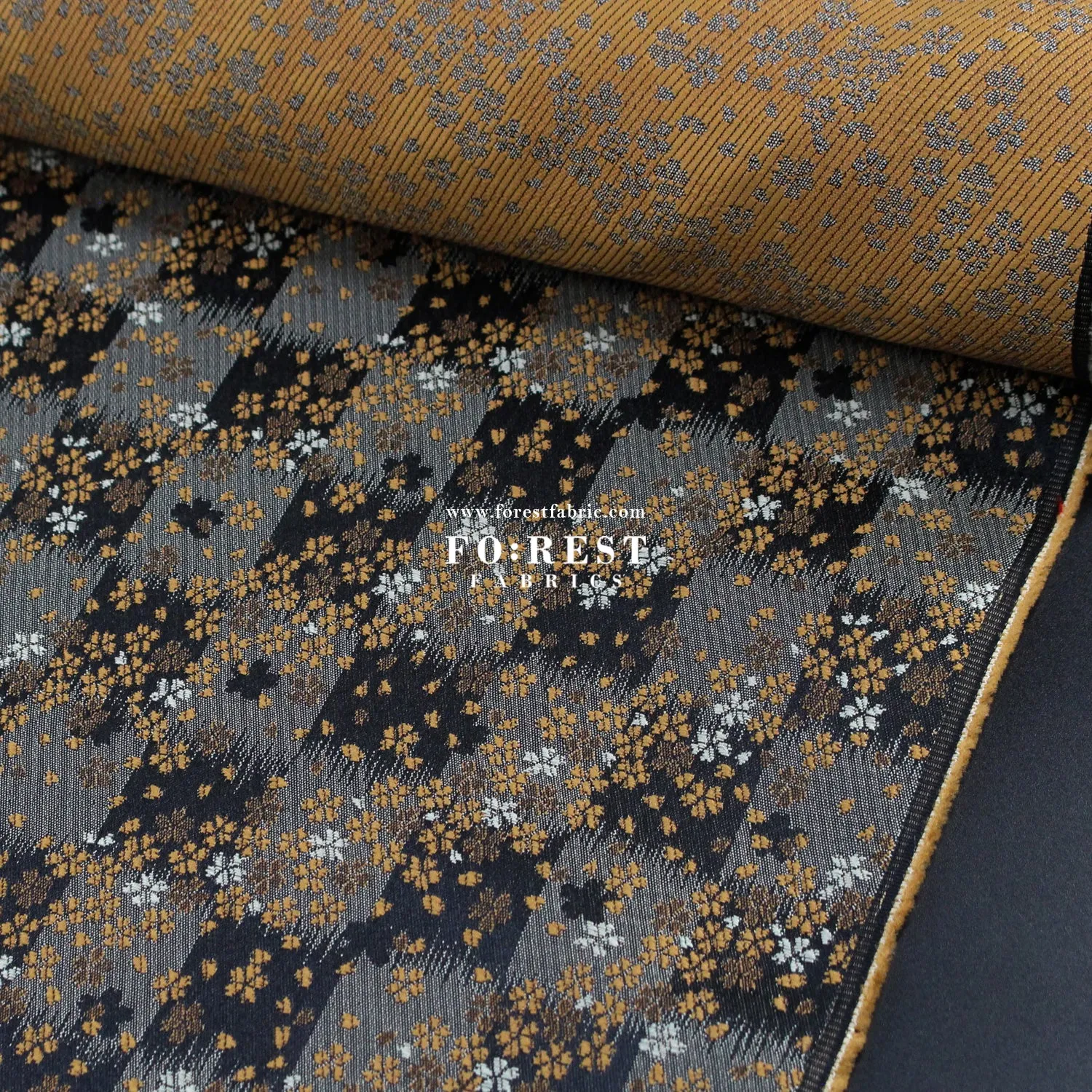 Gold Brocade -  Flower fabric Black