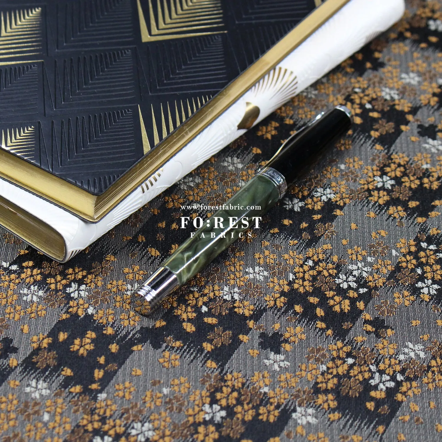 Gold Brocade -  Flower fabric Black
