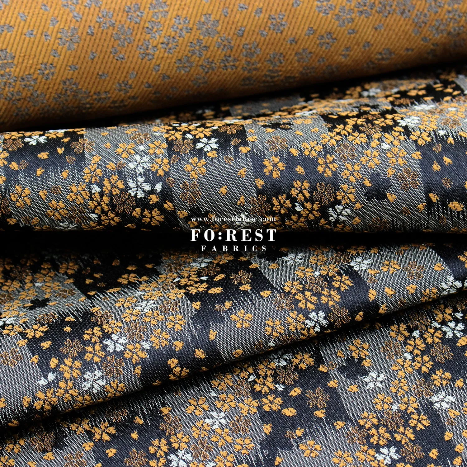 Gold Brocade -  Flower fabric Black