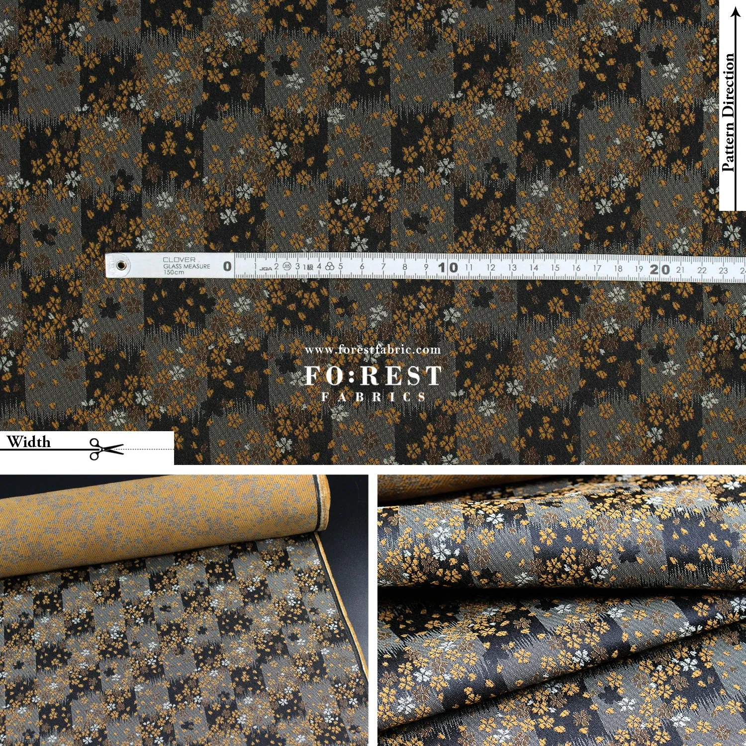 Gold Brocade -  Flower fabric Black