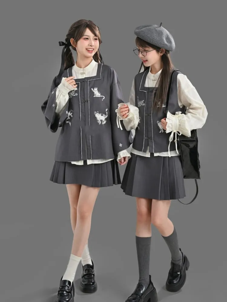 Gray Cheongsam Style Square Neckline Cat Embroidery Knot Button Vest
