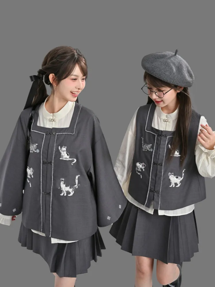 Gray Cheongsam Style Square Neckline Cat Embroidery Knot Button Vest
