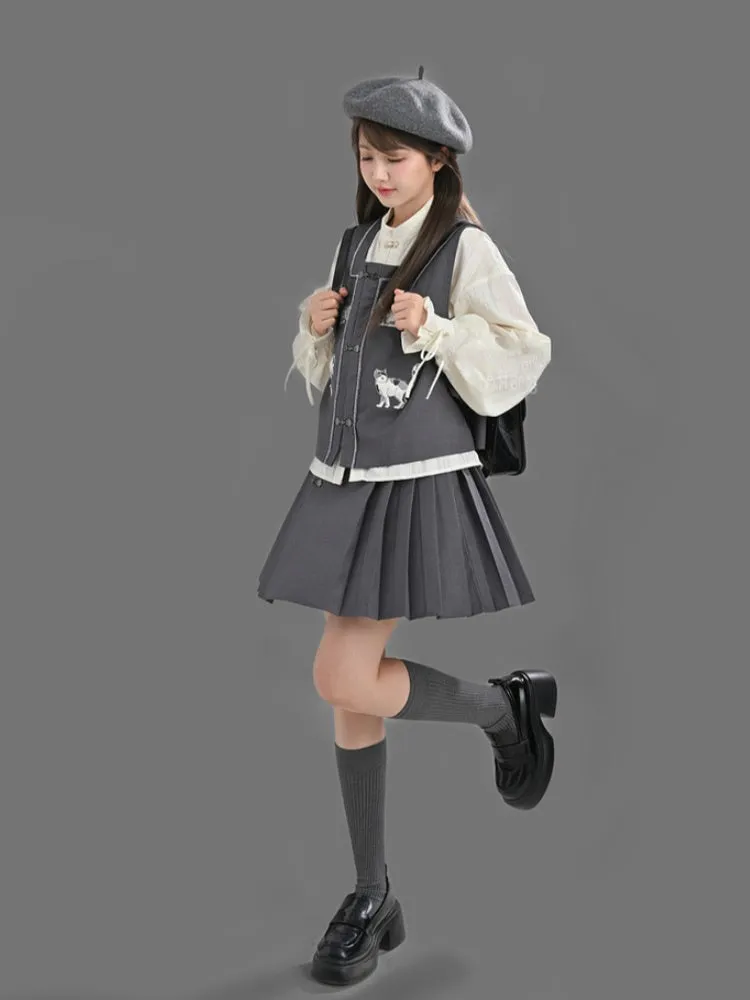 Gray Cheongsam Style Square Neckline Cat Embroidery Knot Button Vest