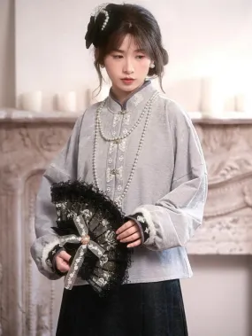 Grey Cheongsam Style Banded Collar Long Sleeves Top