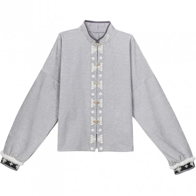 Grey Cheongsam Style Banded Collar Long Sleeves Top