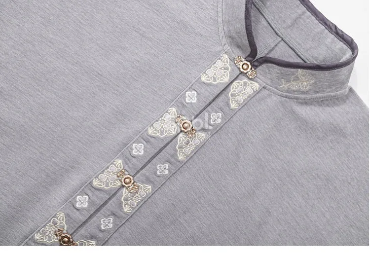 Grey Cheongsam Style Banded Collar Long Sleeves Top