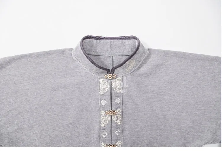 Grey Cheongsam Style Banded Collar Long Sleeves Top