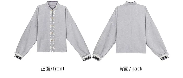 Grey Cheongsam Style Banded Collar Long Sleeves Top