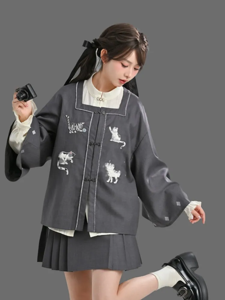 Grey Square Neck Cat Embroidery Cheongsam Style Knot Button Top