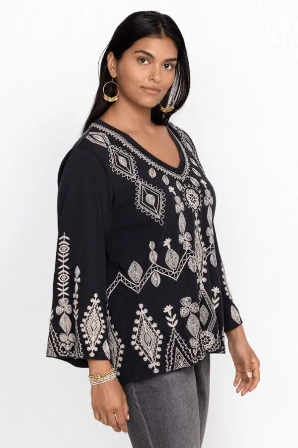 Johnny Was Liona V Neck Kimono Long Sleeve Tee Embroidery Floral Black Shirt NEW