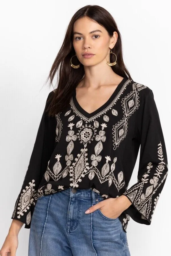 Johnny Was Liona V Neck Kimono Long Sleeve Tee Embroidery Floral Black Shirt NEW