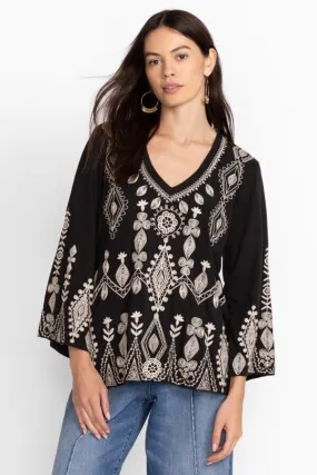 Johnny Was Liona V Neck Kimono Long Sleeve Tee Embroidery Floral Black Shirt NEW