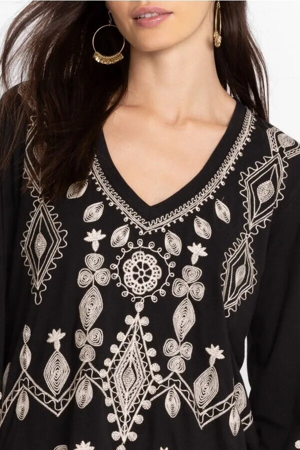 Johnny Was Liona V Neck Kimono Long Sleeve Tee Embroidery Floral Black Shirt NEW