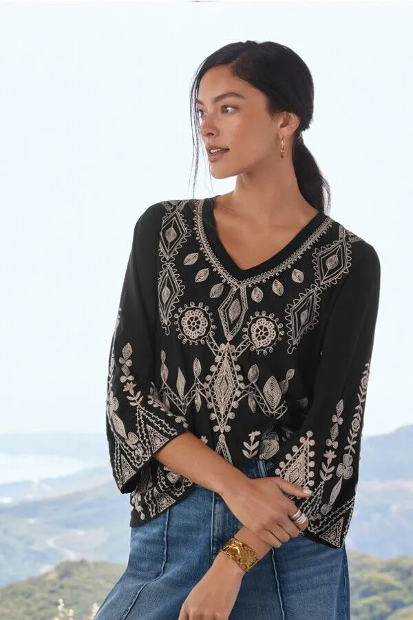 Johnny Was Liona V Neck Kimono Long Sleeve Tee Embroidery Floral Black Shirt NEW