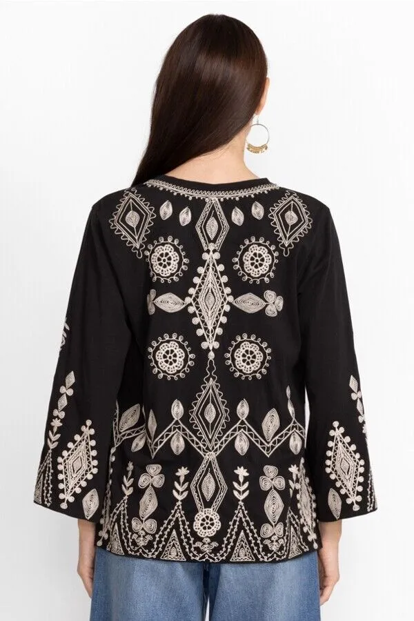 Johnny Was Liona V Neck Kimono Long Sleeve Tee Embroidery Floral Black Shirt NEW