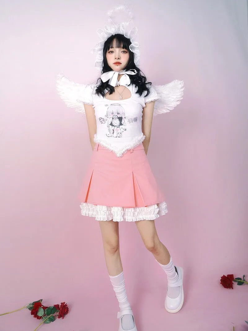 Maid Print Cutout Heart Cheongsam Short Sleeve T-shirt