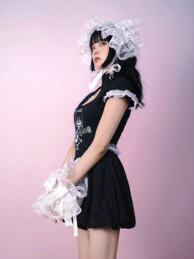 Maid Print Cutout Heart Cheongsam Short Sleeve T-shirt