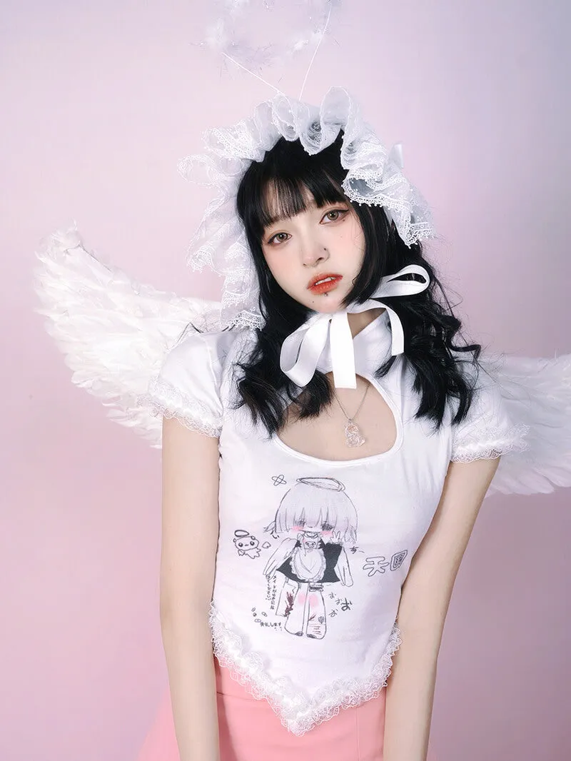 Maid Print Cutout Heart Cheongsam Short Sleeve T-shirt