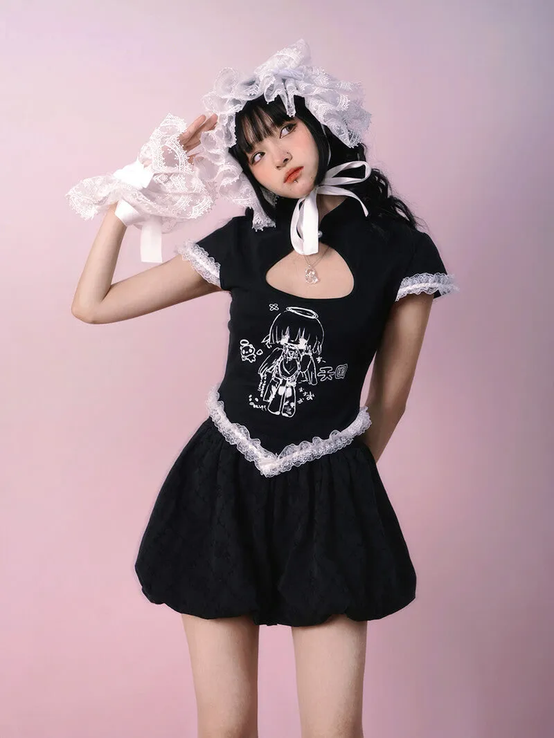 Maid Print Cutout Heart Cheongsam Short Sleeve T-shirt