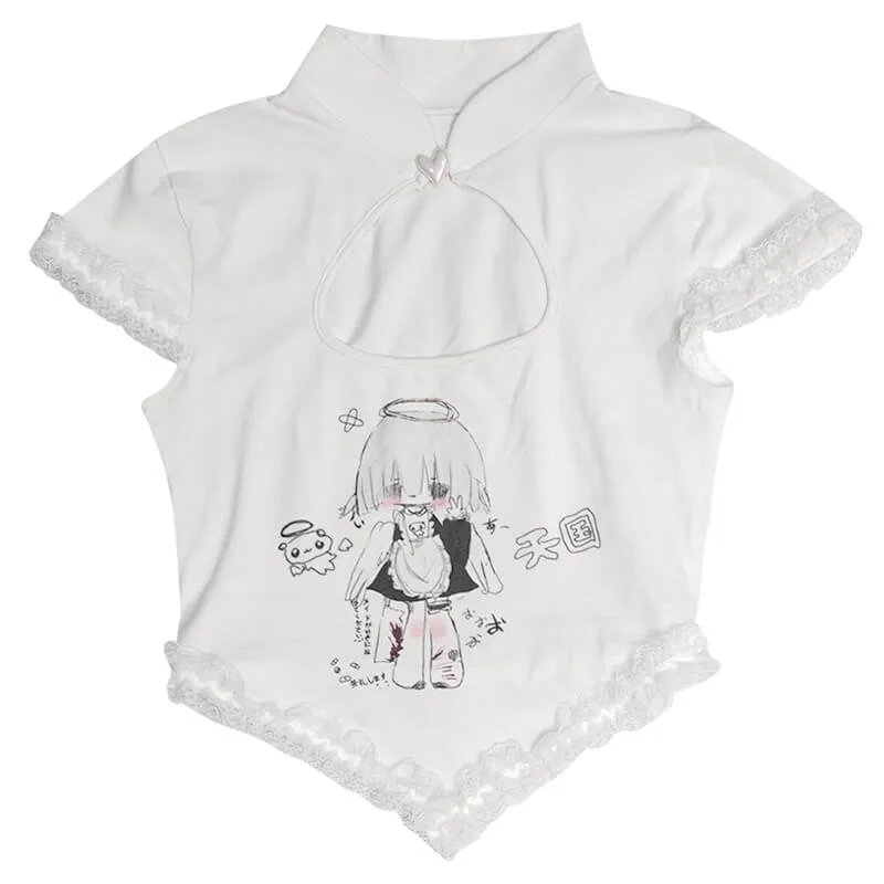 Maid Print Cutout Heart Cheongsam Short Sleeve T-shirt
