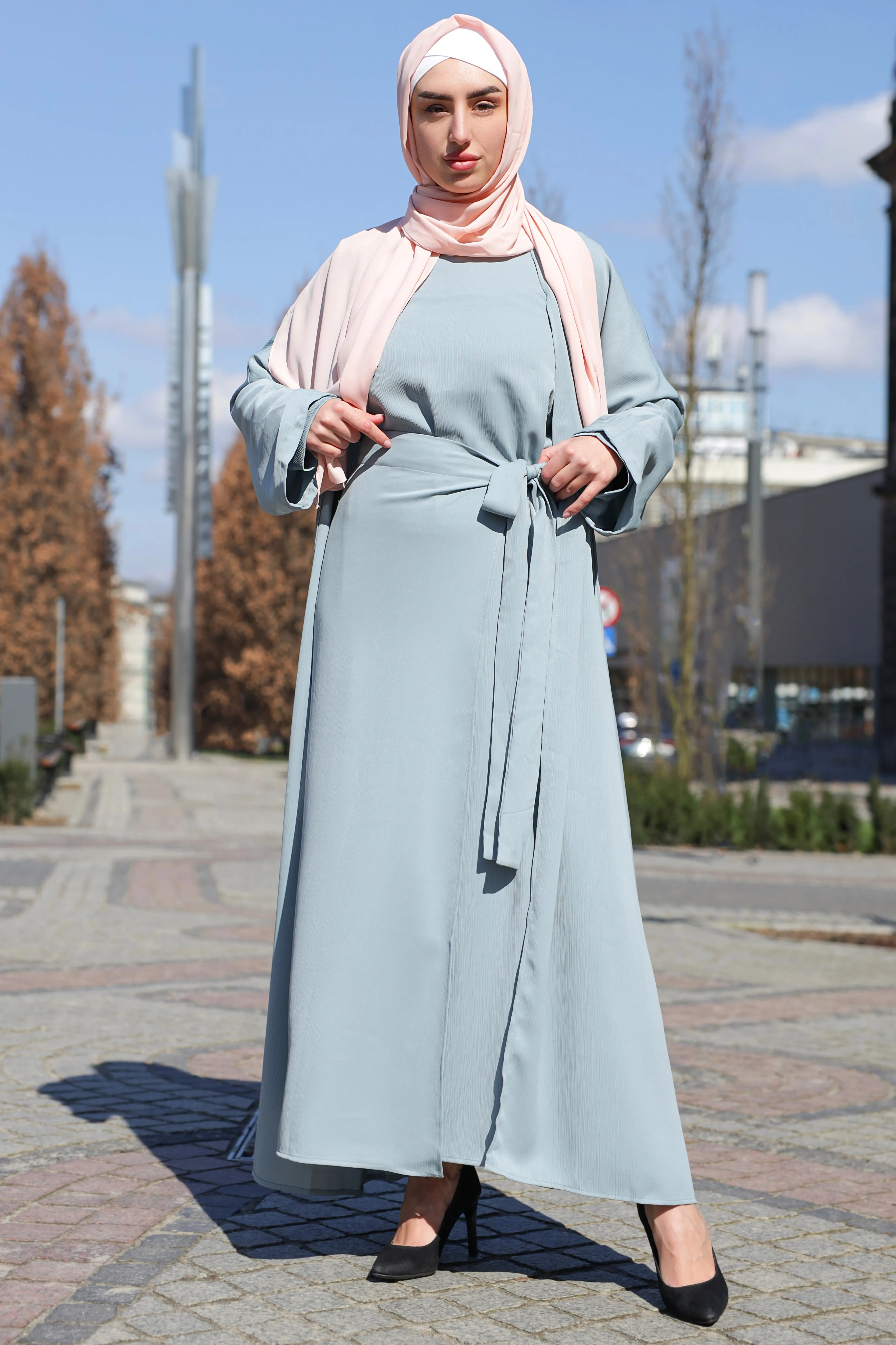 Maysa Textured Abaya Set - Bluish Grey