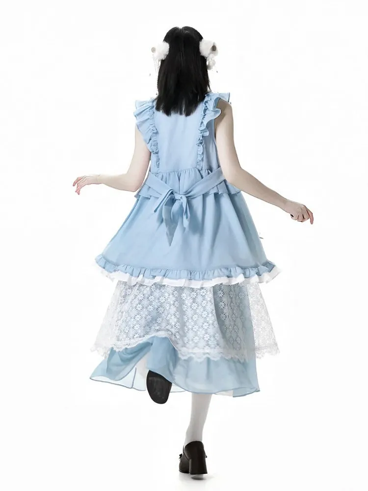 Rococo Back Buttons Style Blue Flutter Sleeves Big Sleeveless Dress Knot Cheongsam Details Tassel Bow